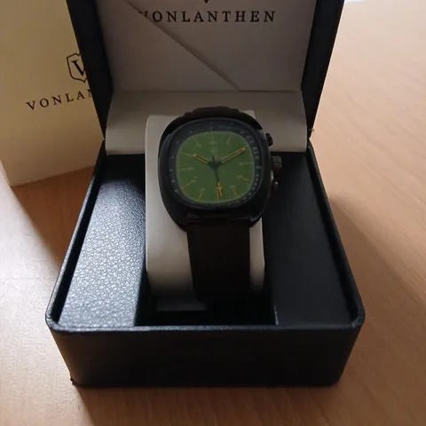 VONLANTHEN WRISTWATCH – GREEN DIAL, BROWN LEATHER STRAP, BOXED