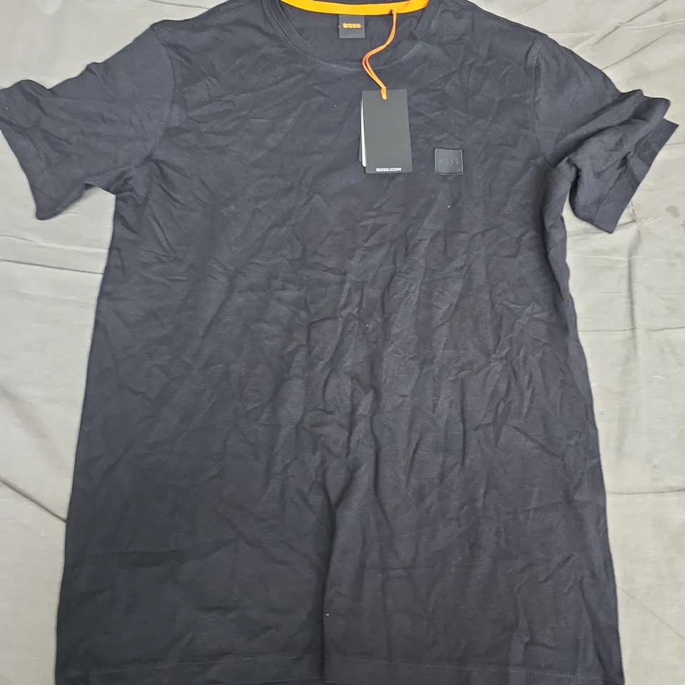 HUGO BOSS T-SHIRT – BLACK WITH ORANGE NECK TRIM - LARGE