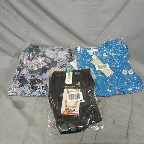 BOX OF APPROXIMATELY 35 ASSORTED CLOTHING ITEMS INCLUDING MIRACLESUIT SIZE LARGE, FINERY BLUE DRESS SIZE 8 AND GREAT PLAINS MULTI COLOUR DRESS SIZE 10