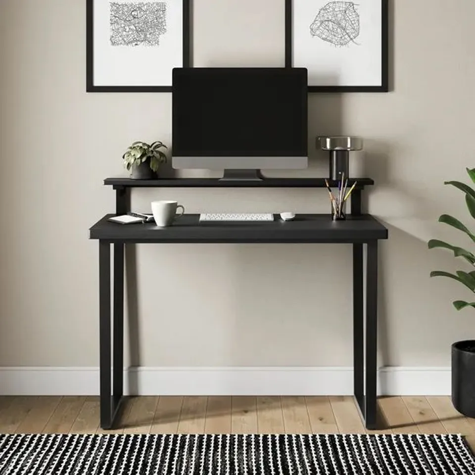 BOXED FREDDIE BLACK STEP UP SHELF DESK - BLACK (1 BOX)