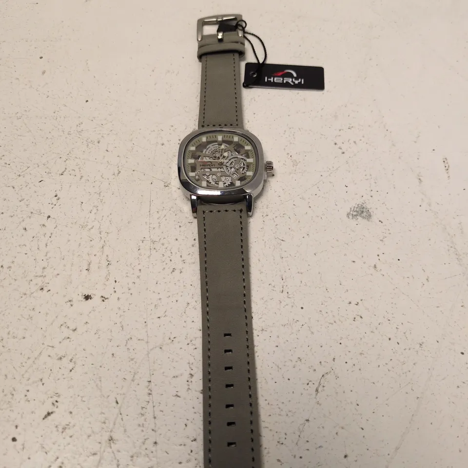 HERRYI SKELETON DIAL STAINLESS STEEL WRISTWATCH – GREY LEATHER STRAP