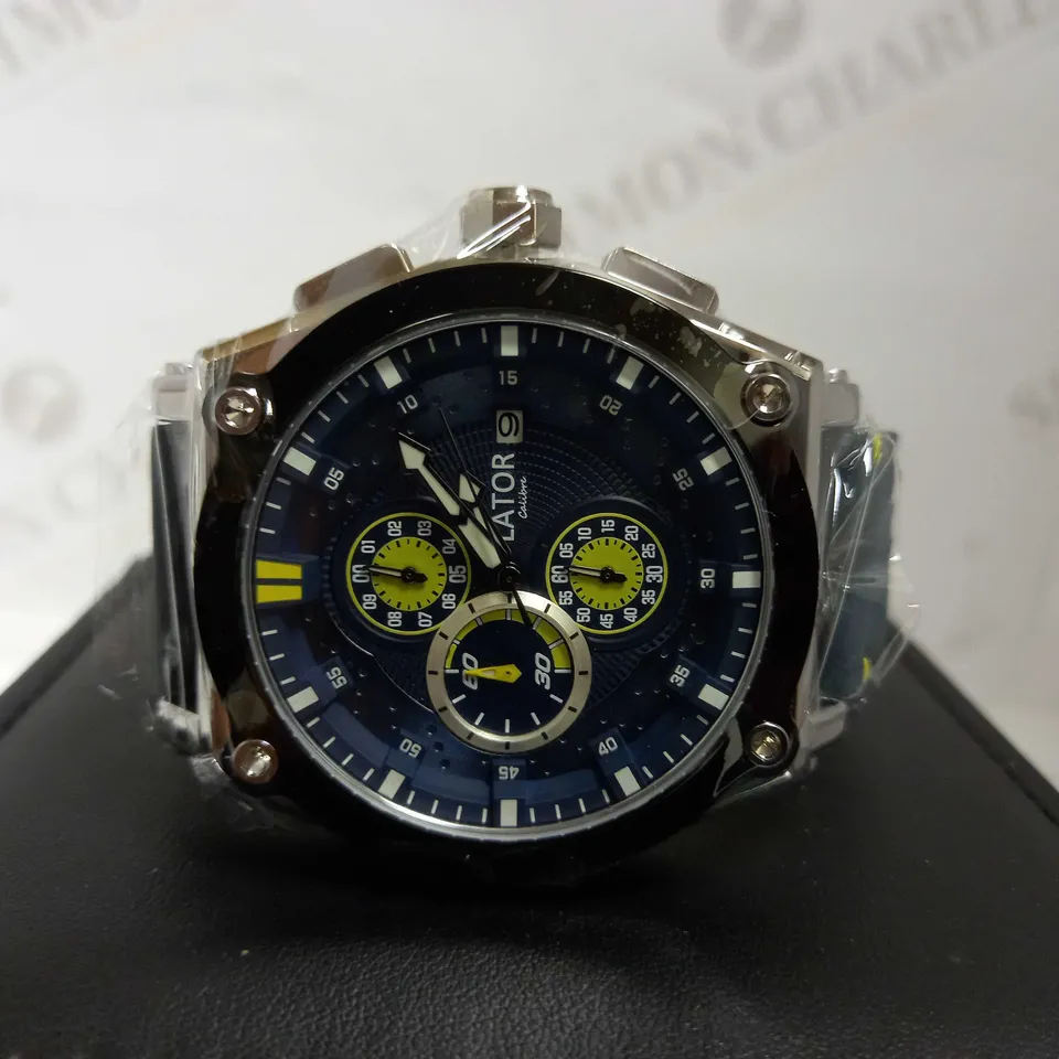 LATOR CALIBRE BLUE & YELLOW DIAL SUEDE LEATHER STRAP WATCH RRP £635