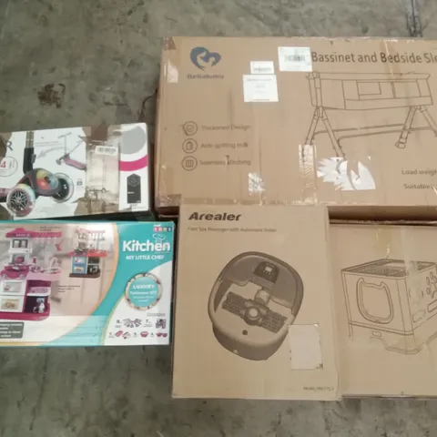 PALLET OF ASSORTED ITEMS INCLUDING BASSINET AND BEDSIDE SLEEPER, CAT LITTERBOX, AREALER FOOT SPA MASSAGER, MY LITTLE CHEF KITCHEN PLAY SET, GLOBBER LIGHT UP SCOOTER, FORGING MOUNT TV WALL MOUNT