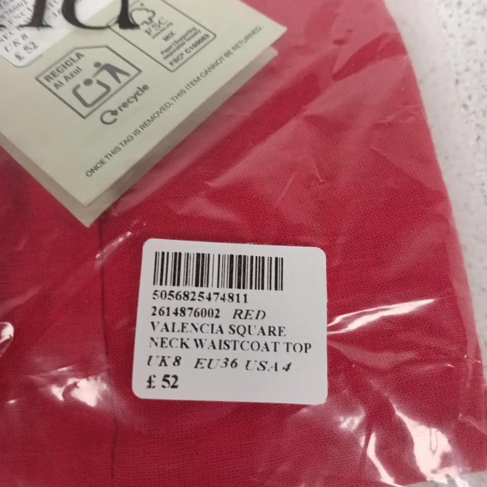 NOBODY'S CHILD VALENCIA SQUARE NECK WAISTCOAT TOP – RED, UK 8