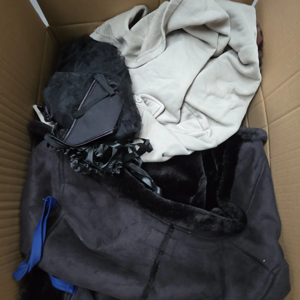 LARGE BOX OF ASSORTED CLOTHING ITEMS IN VARIOUS STYLES, COLOURS AND SIZES