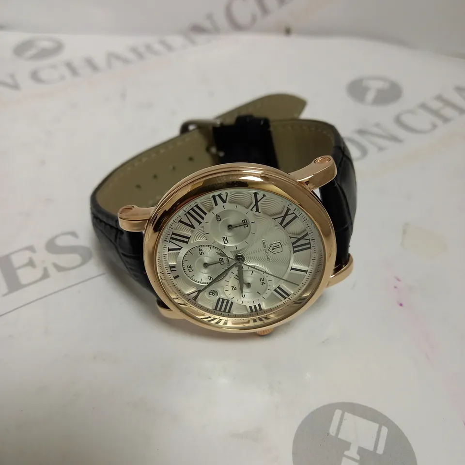 MENS LOUIS LACOMBE CHRONOGRAPH WATCH – MULTI FUNCTION DIAL WITH DATE – ROMAN NUMERAL DIAL – LEATHER STRAP