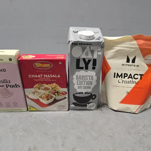 APPROXIMATELY 8 ASSORTED FOOD & DRINK ITEMS TO INCLUDE - MY PROTEIN IMPACT CREATINE , OATLYN BARISTA EDITION , GRIND VANILLA COFFEE PODS ETC