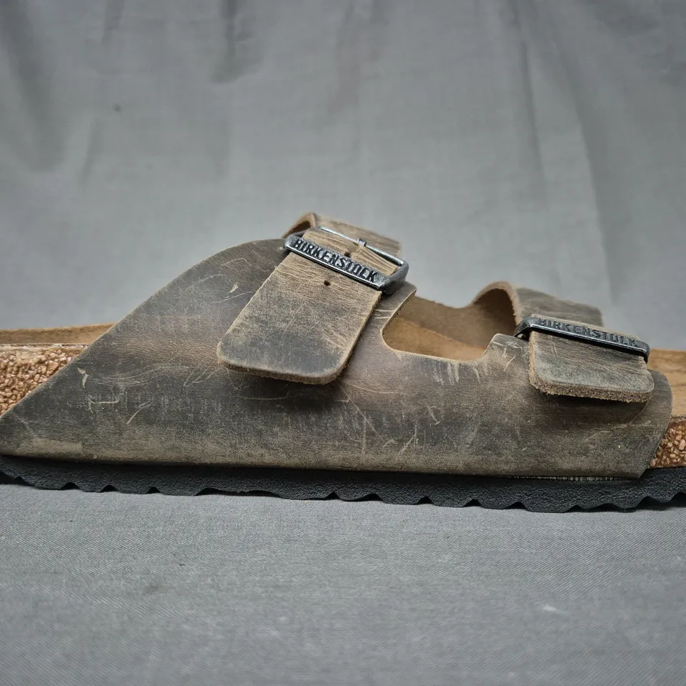 BOXED PAIR OF BIRKENSTOCK OPEN TOE 2-STRAP SANDALS IN WORN BROWN EU SIZE 44