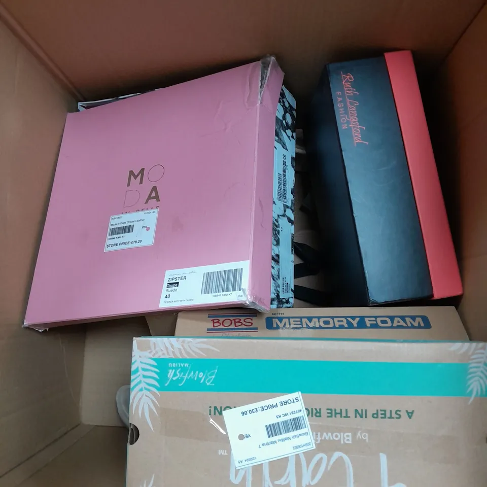 BOX OF APPROXIMATELY 6 ASSORTED PAIRS OF SHOES IN VARIOUS SIZES & STYLES & COLOURS 