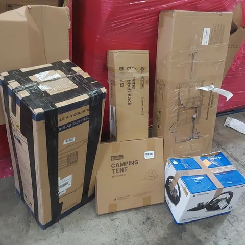 PALLET OF ASSORTED ITEMS TO INCLUDE: ROWING MACHINE, FOLDING EXERCISE BIKES, PORTABLE AIR CONDITIONER, LOGITECH G29 RACING WHEEL, BAMBOO CLOTHING RACK, DUMBELL RACK ECT