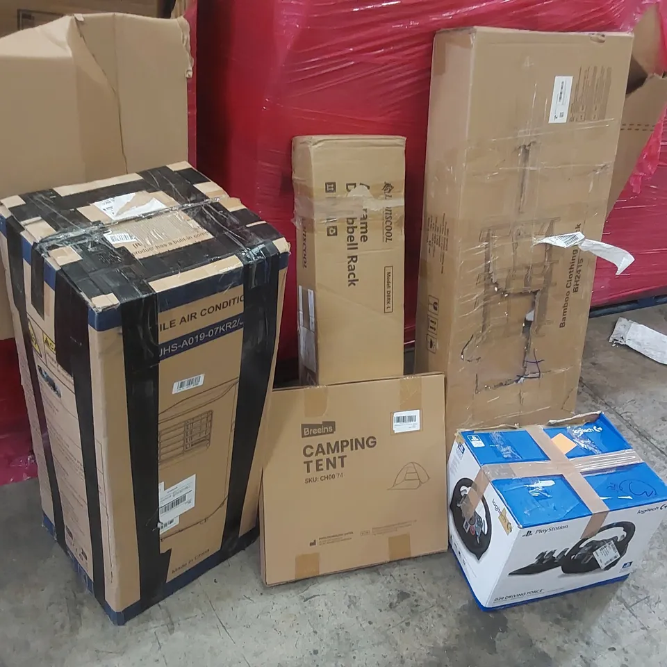 PALLET OF ASSORTED ITEMS TO INCLUDE: ROWING MACHINE, FOLDING EXERCISE BIKES, PORTABLE AIR CONDITIONER, LOGITECH G29 RACING WHEEL, BAMBOO CLOTHING RACK, DUMBELL RACK ECT