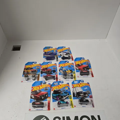 APPROXIMATELY 9 X HOT WHEELS – ASSORTED SCALE DIE-CAST CARS IN BLISTER-PACK PACKAGING