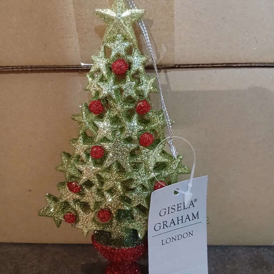 TWENTY FOUR BRAND NEW GISELA GRAHAM LONDON GLITTER CHRISTMAS TREE ORNAMENT – GREEN WITH RED BAUBLES