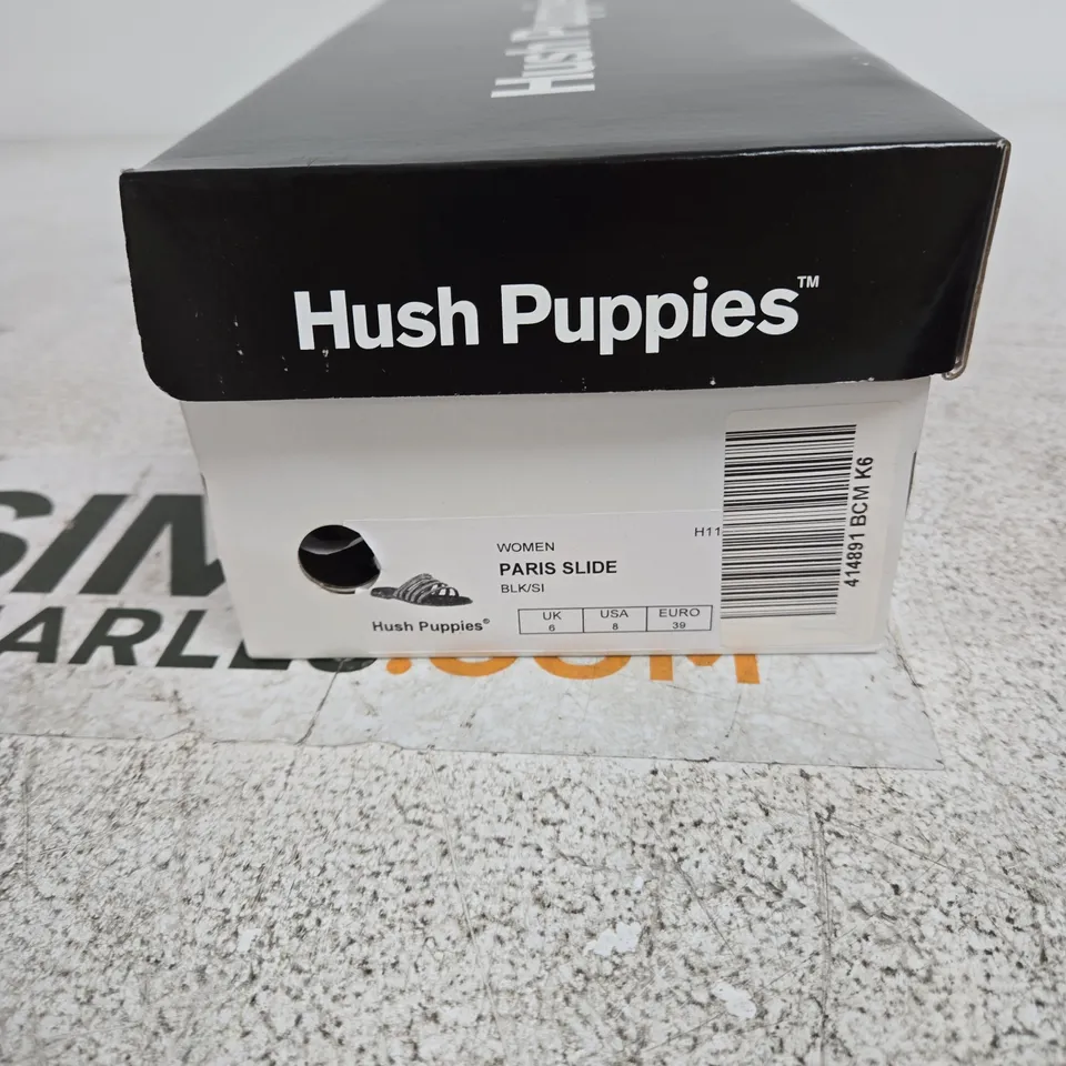 UK 6 HUSH PUPPIES PARIS SLIDE WOMEN'S SANDALS – BLACK & SILVER STRAPS