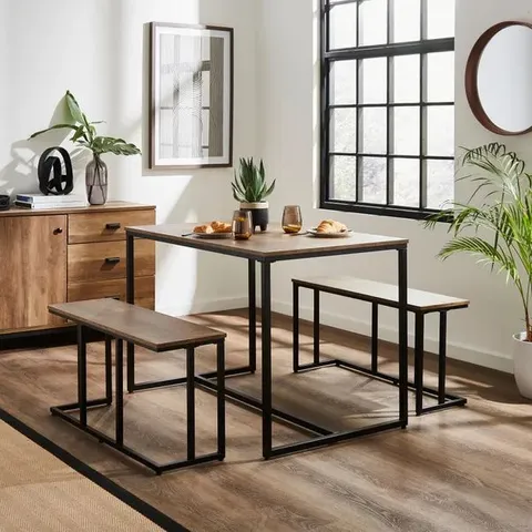 BOXED DUNELM CHARLIE DINING TABLE AND BENCH SET - OAK EFFECT (1 BOX)