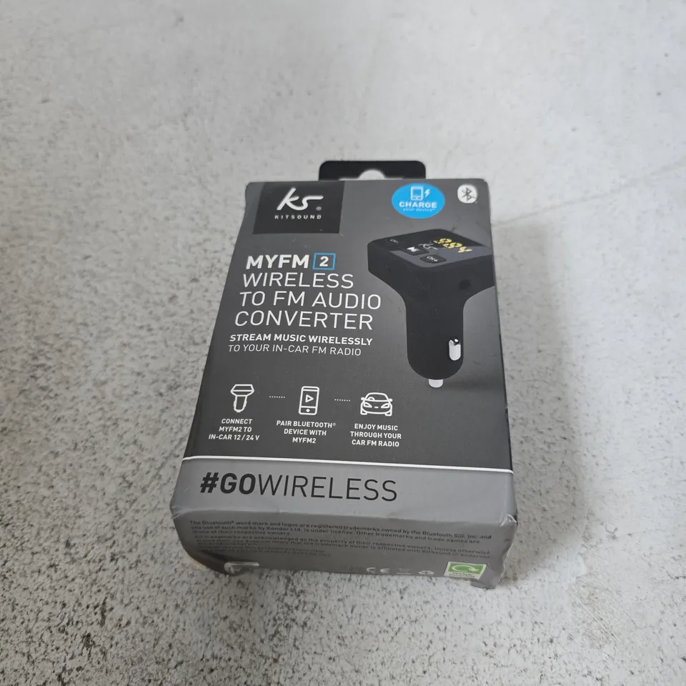BOX OF APPROXIMATELY 40 X KITSOUND MYFM2 WIRELESS TO FM AUDIO CONVERTER – IN-CAR BLUETOOTH FM TRANSMITTER, BOXED