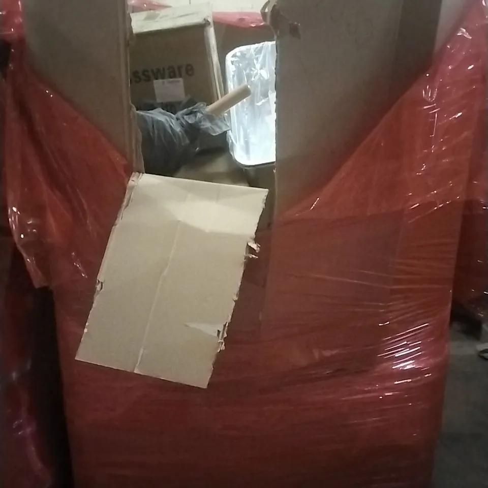 PALLET OF HOUSEHOLD ITEMS TO INCLUDE GLASSWARE,STAINLESS STEEL CAT LITTER BOX, WALL CLOCK,PET POTTY TOILET AND OTHER ASSORTED ITEMS....