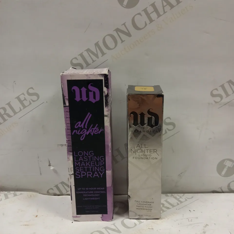 2 X ASSORTED URBAN DECAY ALL NIGHTERY PRODUCTS, INCLUDES LONG-LASTING SPRAY & LIQUID FOUNDATION