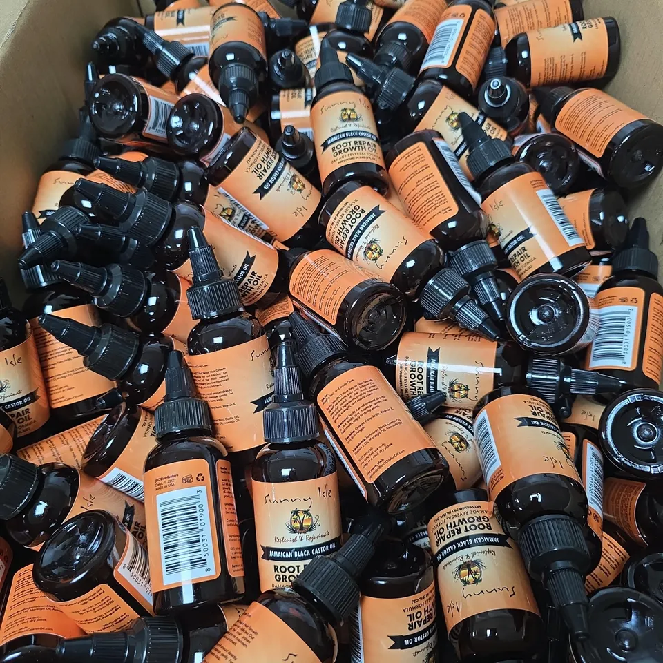 BOX OF APPROXIMATELY 200 X SUNNY ISLE JAMAICAN BLACK CASTOR OIL ROOT REPAIR GROWTH OIL – 59.1 ML