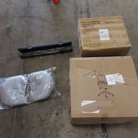 PALLET TO CONTAIN ASSORTED HOUSEHOLD PRODUCTS. INCLUDES OFFICE CHAIR, COUNTERTOP WATER PURIFIER DISPENSER, BOX FURNITURE ETC 