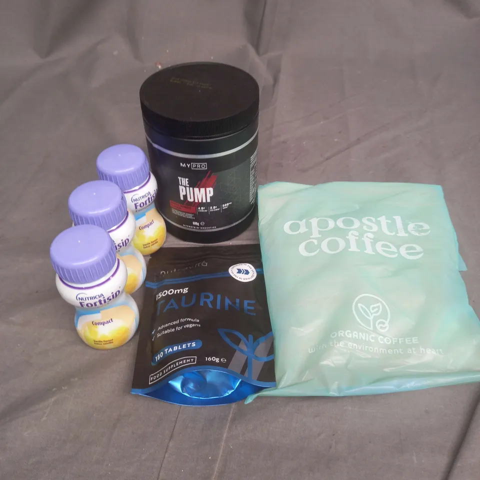 APPROXIMATELY 5 ASSORTED FOOD ITEMS TO INCLUDE - NUTRICIA FORTISIP VANILLA DRINK - MYPROTEIN PRE-WORKOUT - NUTRAVITA TAURINE TABLETS - ETC - COLLECTION ONLY
