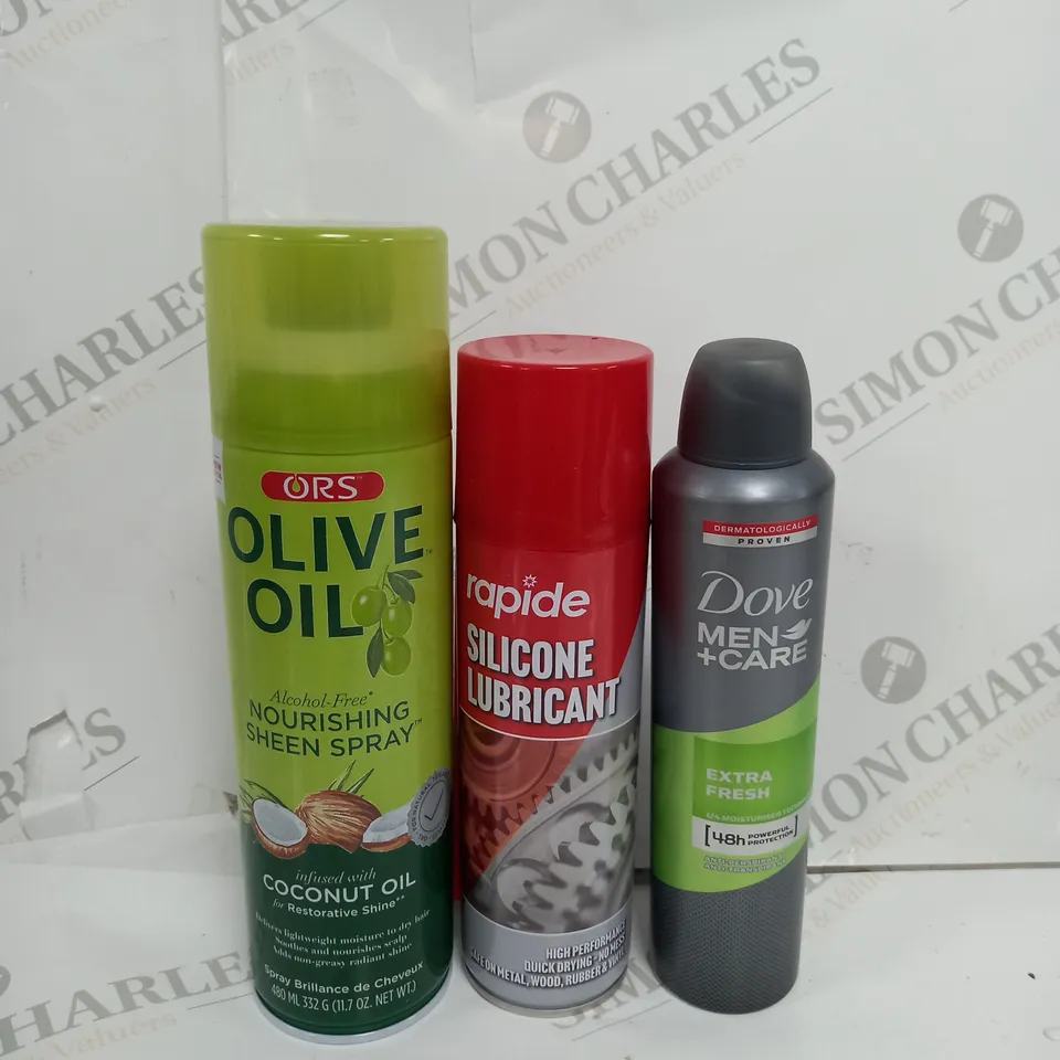 BOX OF APPROX 15 ASSORTED AEROSOLS TO INCLUDE -DOVE MEN CARE EXTRA FRESH - OLIVE OIL - SILICONE LUBRICANT 