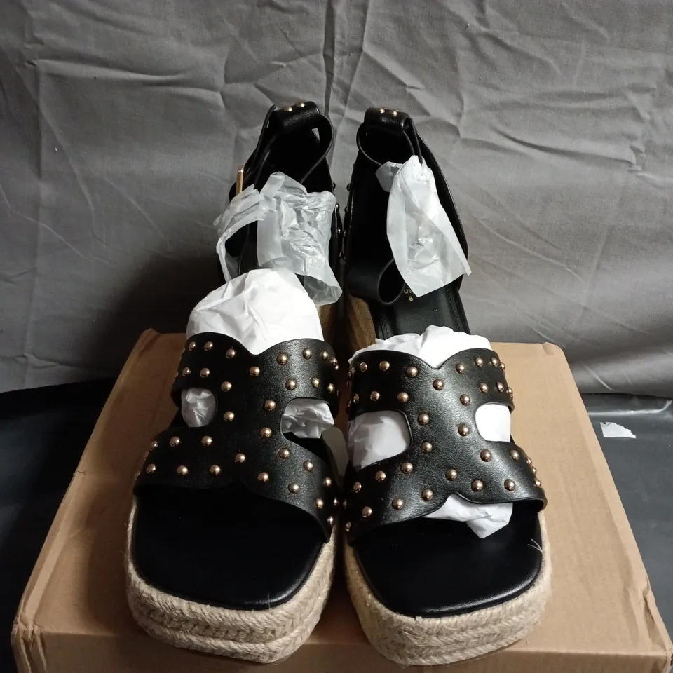 WOMEN'S BLACK STUDDED LEATHER SANDALS WITH ESPADRILLE WEDGE - UK SIZE 8