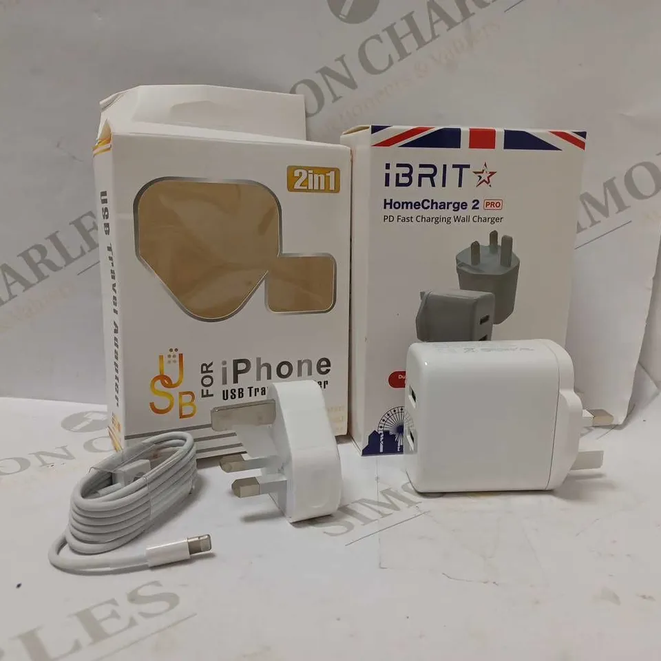 LOT OF TWO TO INCLUDE IBRIT HOME CHARGE 2 PRO AND 2 IN 1 USB TRAVEL ADAPTER FOR IPHONE 