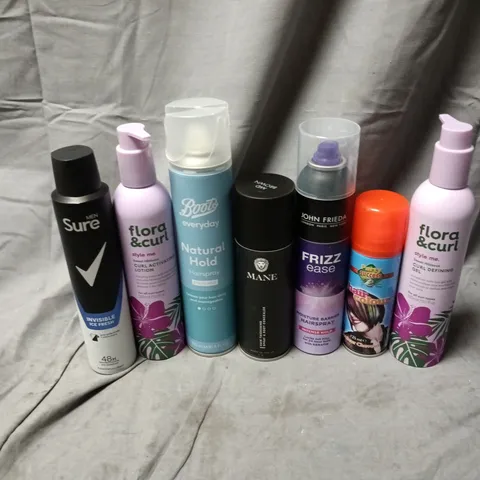 APPROXIMATELY 15 ASSORTED AEROSOLS TO INCLUDE FLORA&CURL DEFINING GEL, JOHN FRIEDA FRIZZ EASE, SURE MEN SPRAY, ETC - COLLECTION ONLY