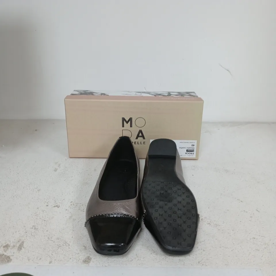 MODA IN PELLE WOMEN'S METALLIC GREY LEATHER FLATS – BLACK PATENT TOE, BOXED EU SIZE 40
