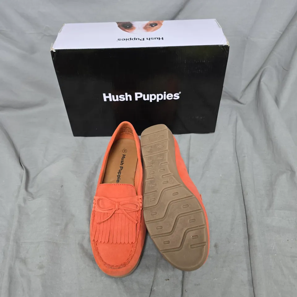 HUSH PUPPIES ORANGE SUEDE LOAFERS – WOMEN'S MOCCASIN-STYLE - BOXED - SIZE UK 5 