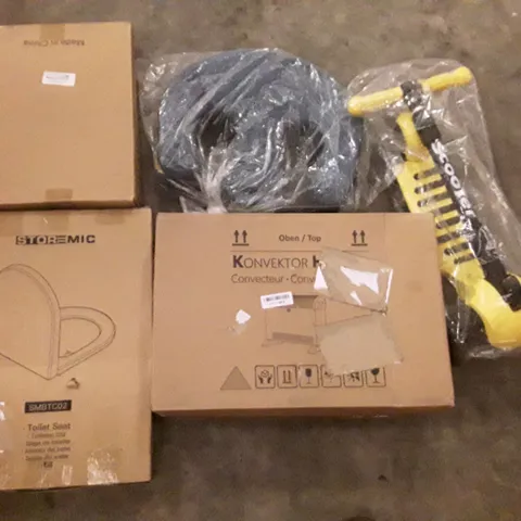 PALLET OF ASSORTED PRODUCTS INCLUDING TOILET SEAT, KIDS SCOOTER,CONVECTOR HEATER, 3 TIER CAN ORGANISER, CUSHION