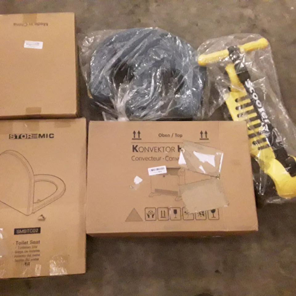 PALLET OF ASSORTED PRODUCTS INCLUDING TOILET SEAT, KIDS SCOOTER,CONVECTOR HEATER, 3 TIER CAN ORGANISER, CUSHION  
