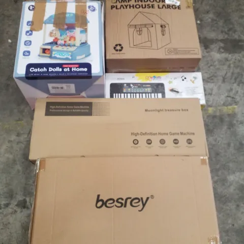 PALLET CONTAINING ASSORTED PRODUCTS INCLUDING CAMP INDOOR PLAYHOUSE, CATCH DOLLS AT HOME, 37 KEY ELECTRONIC KEYBOARD, MOONLIGHT TREASURE BOX & BESREY KIDS SCOOTER