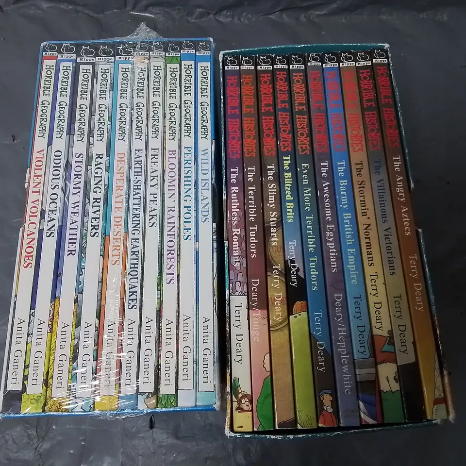 LOT OF 2 HORRIBLE CHILDREN'S BOOKS BOXSETS INCLUDES SEALED GEOGRAPHY SET AND HISTORIES