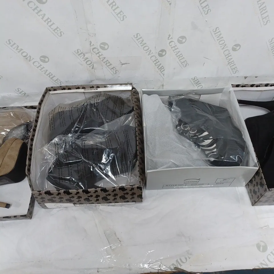 LARGE BOX OF APPROXIMATELY 10 ASSORTED BOXED AND UNBOXED SHOES TO INCLUDE BOOTS AND HEELS ETC.