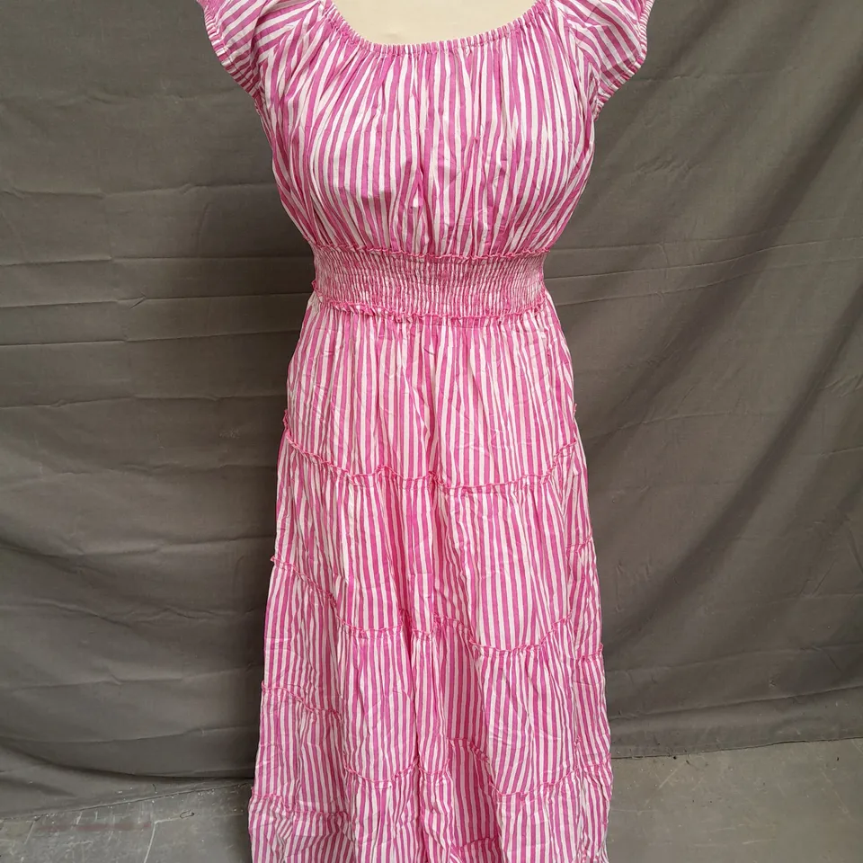 PINK CITY PRINTS TIERED SHIRRED MIDAXI DRESS IN PINK STRIPE SIZE S