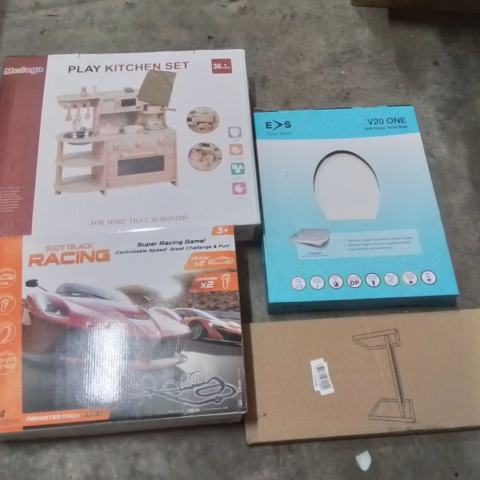 PALLET OF ASSORTED HOUSEHOLD GOODS AND PRODUCTS TO INCLUDE;PLAY KITCHEN SET,TOILET SEAT, SLOT TRACK RACING,STORAGE RACK AND OTHER ASSORTED ITEMS...