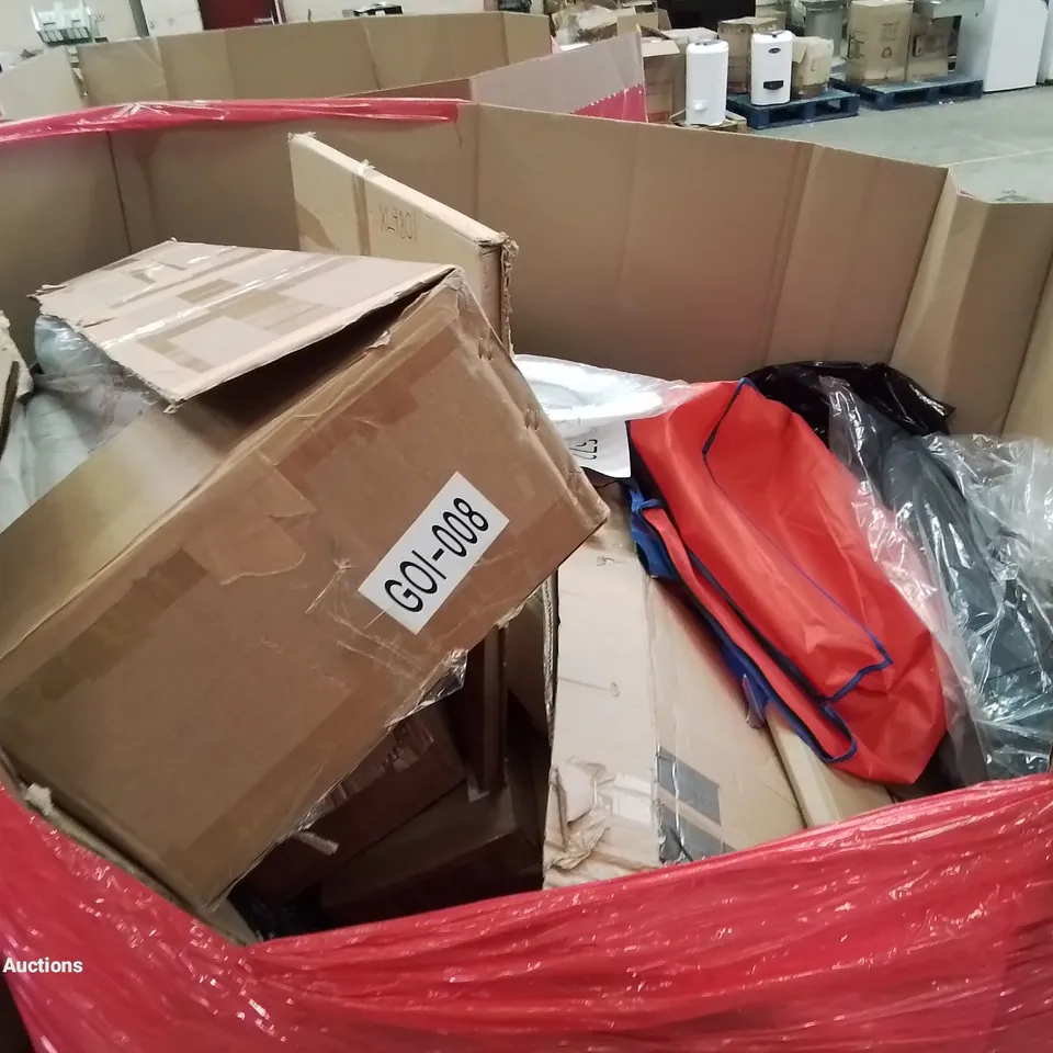 PALLET OF ASSORTED HOUSEHOLD GOODS AND PRODUCTS TO INCLUDE; CAMERA DANCE MAT, TV WALL BRACKET, PLAYPEN, BOXED FURNITURE ETC 