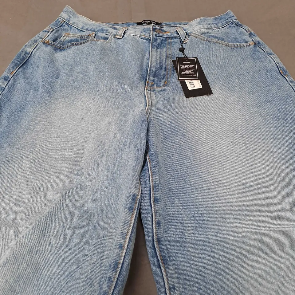 REBELLIOUS MID WASH DENIM DISTRESSED KNEE EXTRA LONG JEANS - UK 14