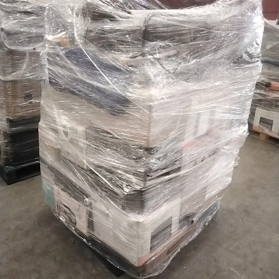 PALLET CONTAINING A LARGE QUANTITY OF ASSORTED HOUSEHOLD GOODS WHICH INCLUDE; AIRFRYERS, SUITCASES, BABY SEATS, FANS, PARASOL BASES ETC