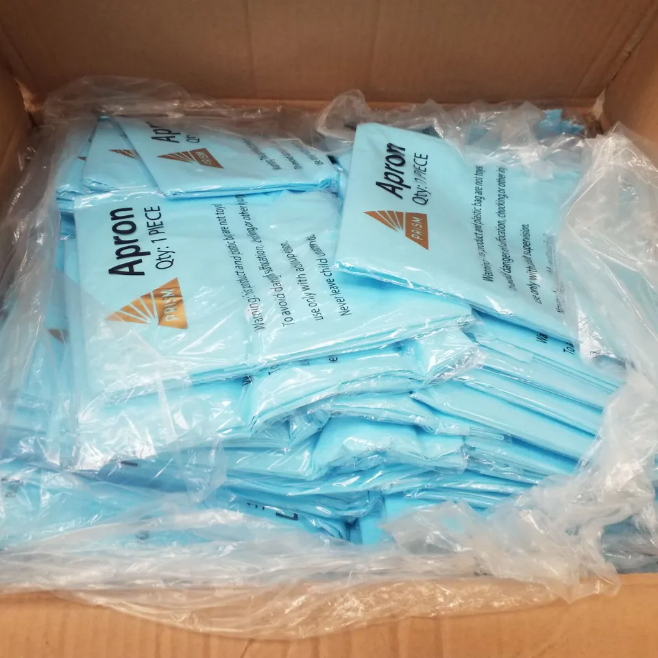 BOX  CONTAINING APPROXIMATELY 250 BRAND NEW PRISM LIGHT BLUE PE APRONS (NON-MEDICAL) 
