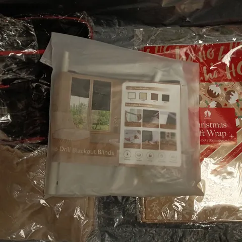 BOX OF APPROXIMATELY 20 ASSORTED HOUSEHOLD ITEMS TO INCLUDE CHRISTMAS GIFT WRAP, NO DRILL BLACKOUT BLINDS, ETC - COLLECTION ONLY