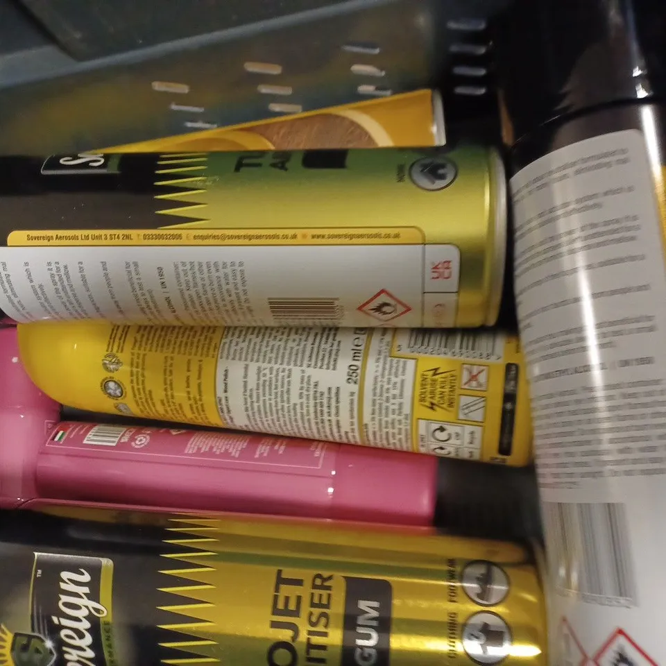 BOX OF APPROX 10 ASSORTED AEROSOLS TO INCLUDE CLINIQUE SHAVE GEL, GLADE AUTOMATIC SPRAY, PLEDGE WOOD POLISH, ETC 