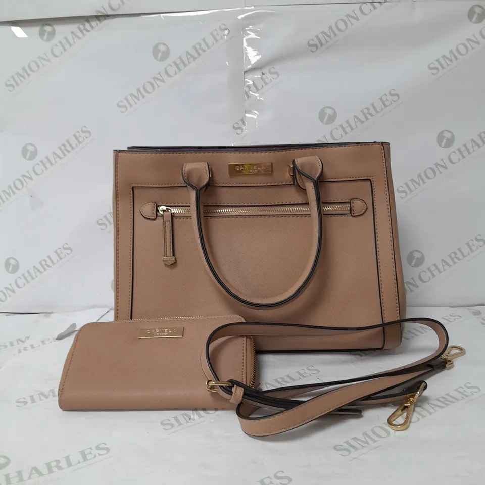 KURT GEIGER CARVELLA LEATHER HANDBAG IN TAN WITH GOLD DETAILS INCLUDES PURSE AND CROSSBODY STRAP