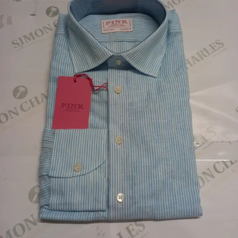 THOMAS PINK TAILORED FIT FORMAL LINEN TEXTURED STRIPE SHIRT - 16.5