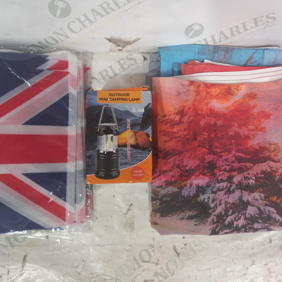 BOX OF APPROXIMATELY 20 ASSORTED HOUSEHOLD ITEMS TO INCLUDE WINTER FOREST TEA TOWELS, OUTDOOR MINI CAMPING LIGHT, UNION JACK FLAG BUNTING, ETC