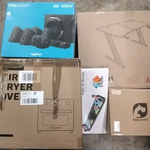 PALLET OF HOUSEHOLD ITEMS TO INCLUDE PUSH UP BOARDS, AIR FRYER, OUTSIDE DOG BEDS AND LIGITDCH SURROUND SOUND SPEAKERS ECT  