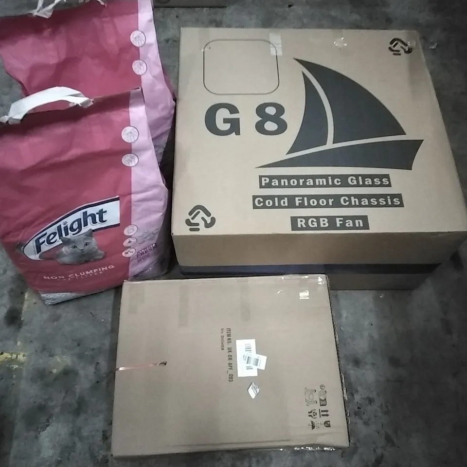 PALLET OF HOUSEHOLD ITEMS TO INCLUDE ARTIFICIAL ORCHID FLOWER IN VASE,CAT LITTER, PANORAMIC GLASS COLD FLOOR CHASSIS RGB FAN AND OTHER ASSORTED ITEMS...