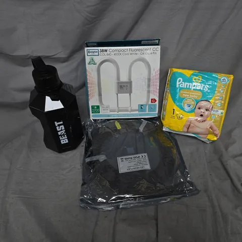 APPROXIMATELY 20 ASSORTED HOUSEHOLD PRODUCTS TO INCLUDE BEAST 1.2L BOTTLE, CROMPTON LAMPS 38W COMPACT FLUORESCENT CC, LED NEON FLEX, ETC - COLLECTION ONLY